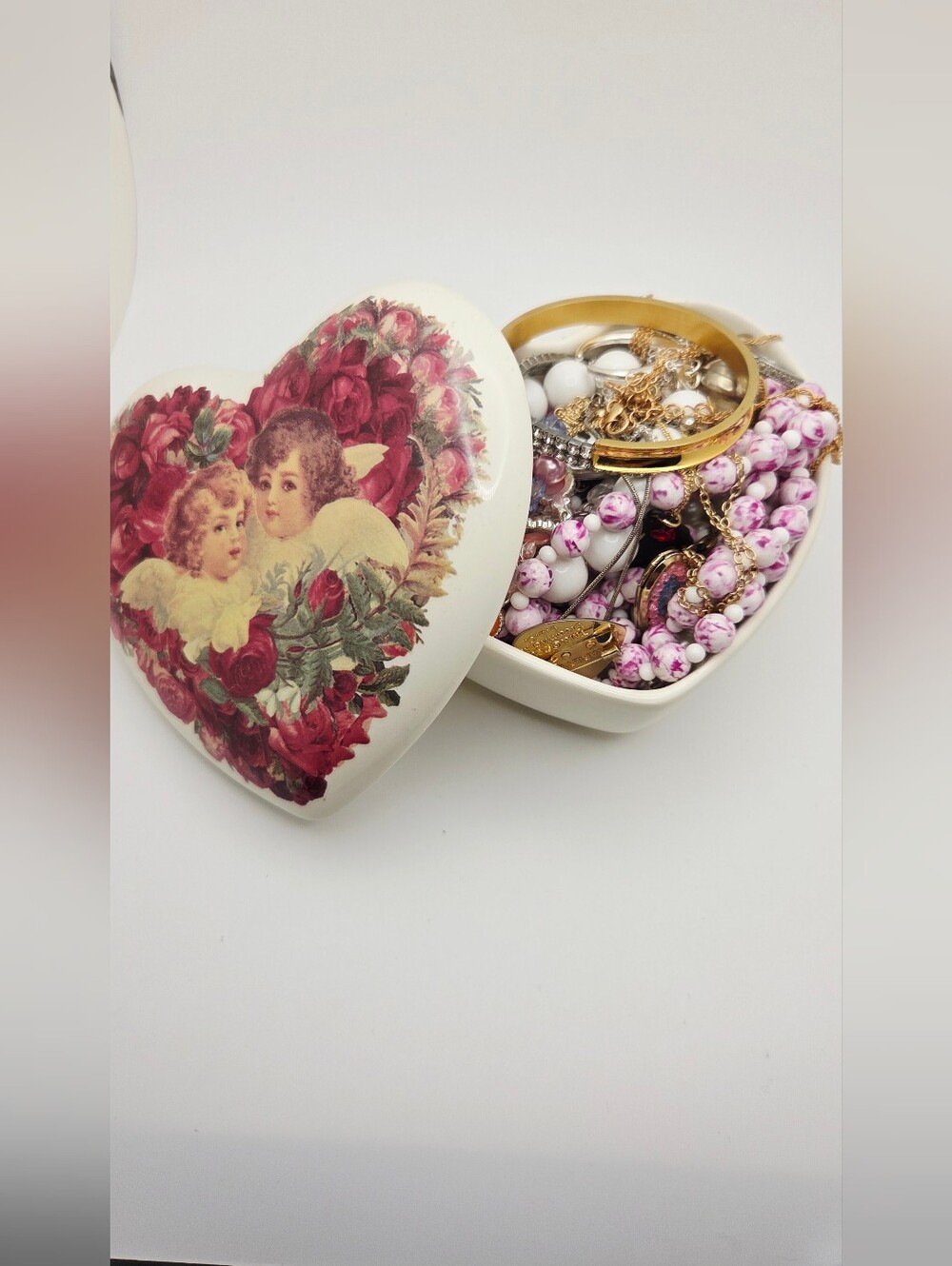 Large Heart Trinket Box with Pink and Gold Jewelry Collection